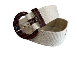 Sandy Duftler Linen & Leather Trim Wide Statement Belt Oatmeal Brown